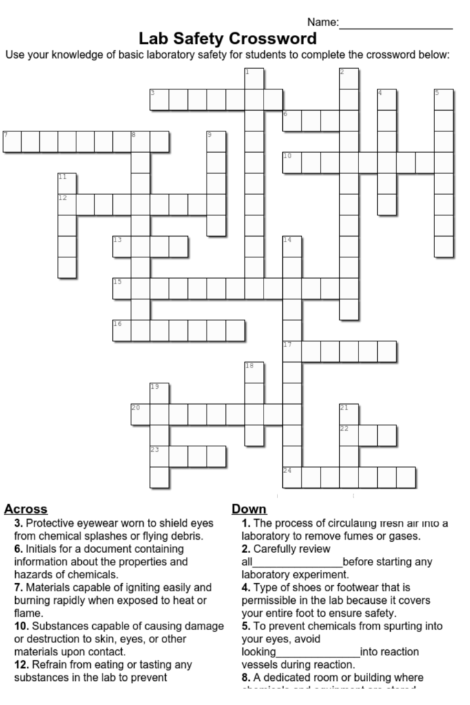 Lab Safety Crossword Puzzle