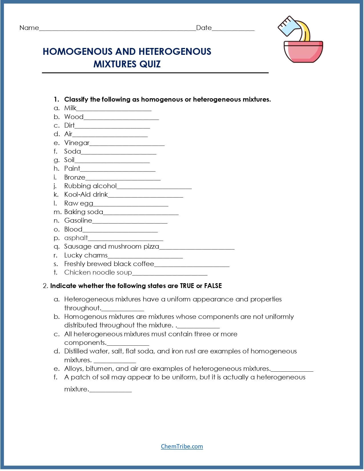 Homogeneous and Heterogeneous Mixture Worksheet ChemTribe Homogeneous and Heterogeneous Mixture Worksheet ChemTribe