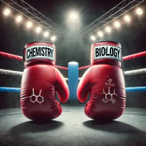 DALL·E 2025-02-26 14.24.17 – Two boxing gloves facing each other in a boxing ring setting. One glove is labeled ‘Chemistry’ and the other is labeled ‘Biology’. The scene is dramat (1)