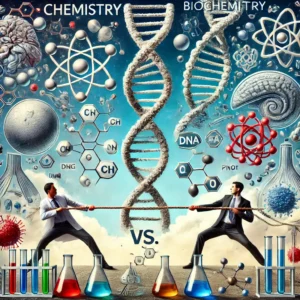 DALL·E 2025-02-26 15.21.55 – A dynamic tug-of-war scene between two opposing teams labeled ‘Chemistry’ and ‘Biochemistry’. One side represents Chemistry with symbols like test tub (1)